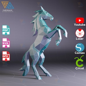 May include: A geometric papercraft unicorn in shades of blue and purple, rearing up on its hind legs. The artwork is a low-poly design, with visible facets. The image includes the text "FARMGAMI DIY PAPER TEMPLATE" and icons for PDF, SVG, and DFX file formats.