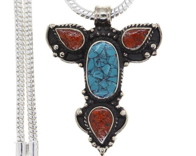 Angel Wing Turquoise Coral Tibetan Silver Pendant & FREE 3MM Italian 925 Sterling Silver Chain N41