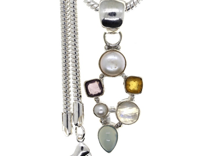 Pearl Moonstone Amethyst Citrine Chalcedony 925 Sterling Silver Pendant & 3MM Italian 925 Sterling Sterling Silver Chain P4727