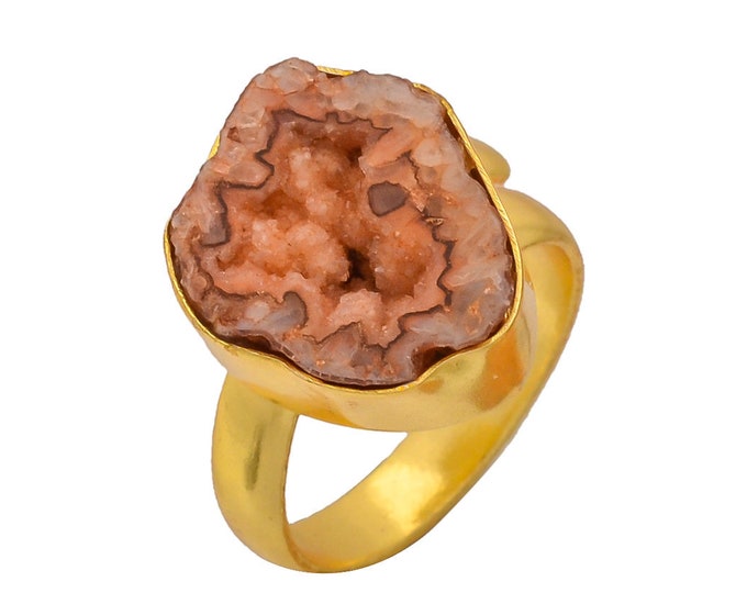 Size 7.5 - Size 9 Rhodochrosite Stalactite Geode Ring Meditation Ring 24K Gold Ring GPR261