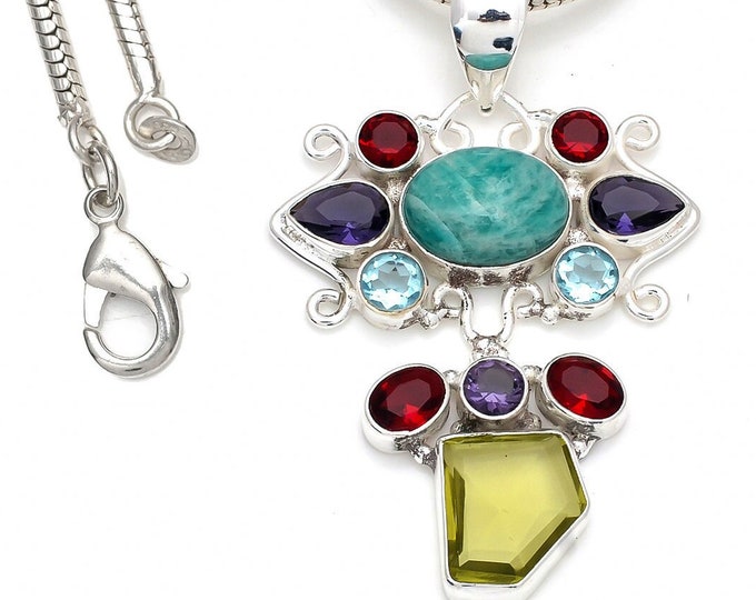 Amazonite Garnet Iolite Lemon Topaz Green Moonstone Garnet 925 Sterling Silver Pendant & 3MM Italian 925 Sterling Silver Chain P8405