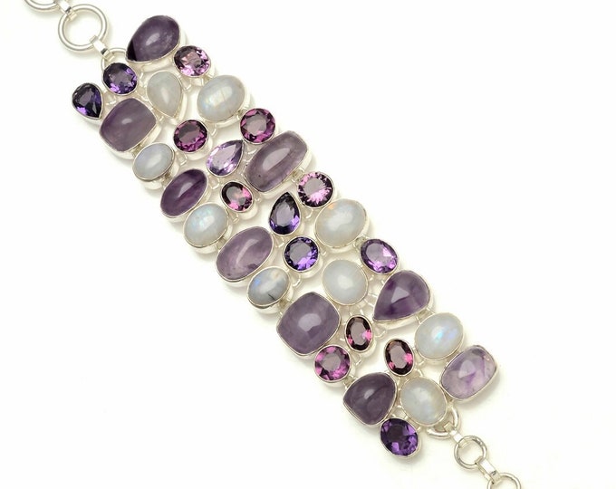 Amethyst Cabochon MOONSTONE 925 Sterling Silver Bracelet B3298