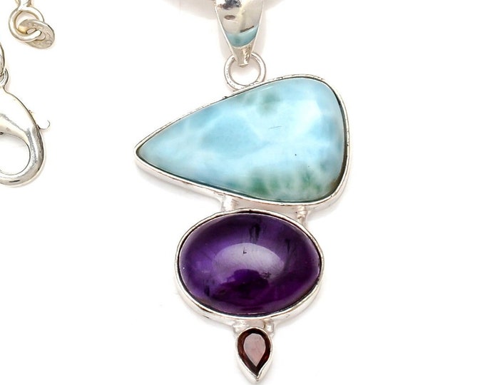 Larimar Amethyst Necklace 925 Sterling Silver Pendant & 3MM Italian 925 Sterling Silver Chain P6876