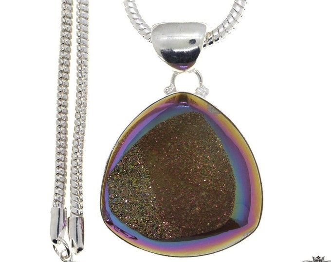 Moonshine Titanium Drusy Druzy 925 Sterling Silver Pendant & FREE 3MM Italian 925 Sterling Silver Chain