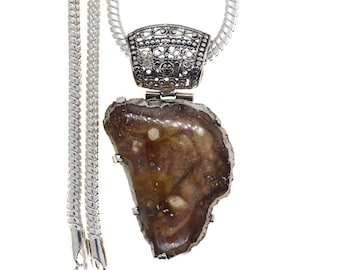 Filigree Antique Bail!  Utah Mined PETRIFIED WOOD Fossil 925 Sterling Silver Pendant  & FREE 3MM Italian Snake Chain P606