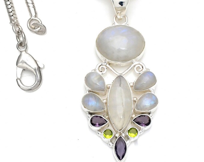 Moonstone Amethyst Peridot 925 Sterling Silver Pendant & 3MM Italian 925 Sterling Silver Chain P8418