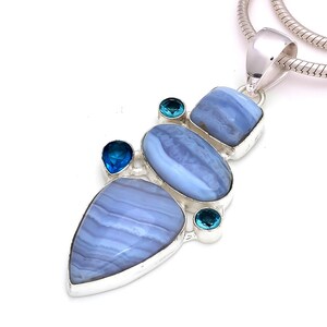 Colar de ágata azul com turmalina cromada e pingente de prata esterlina 925 e corrente italiana de prata esterlina 925 de 2 mm P8379