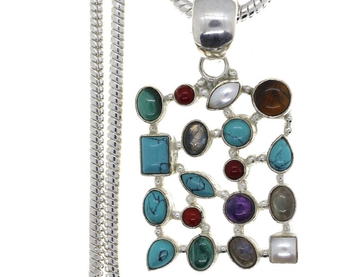 Turquoise Pearl Labradorite 925 Sterling Silver Pendant & 3MM Italian 925 Sterling Silver Chain P4444