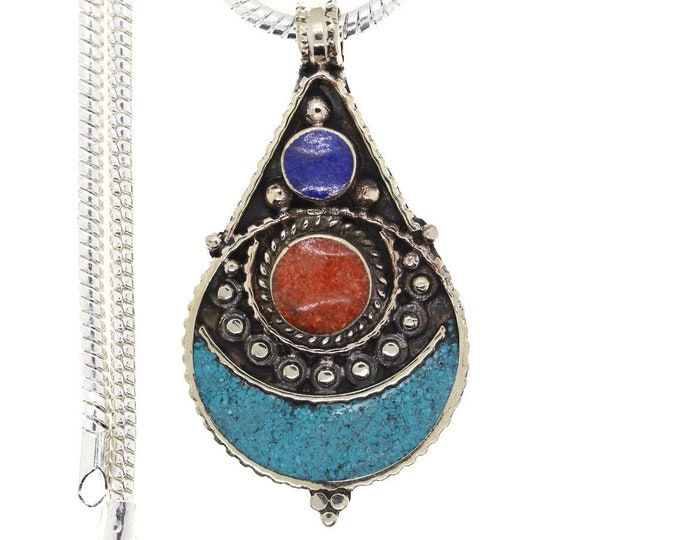 Turquoise Coral Tibetan Silver Pendant & FREE 3MM Italian 925 Sterling Silver Chain N24