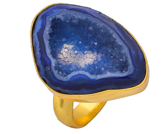 Size 10.5 - Size 12 Ocean Agate Geode Ring Meditation Ring 24K Gold Ring GPR259