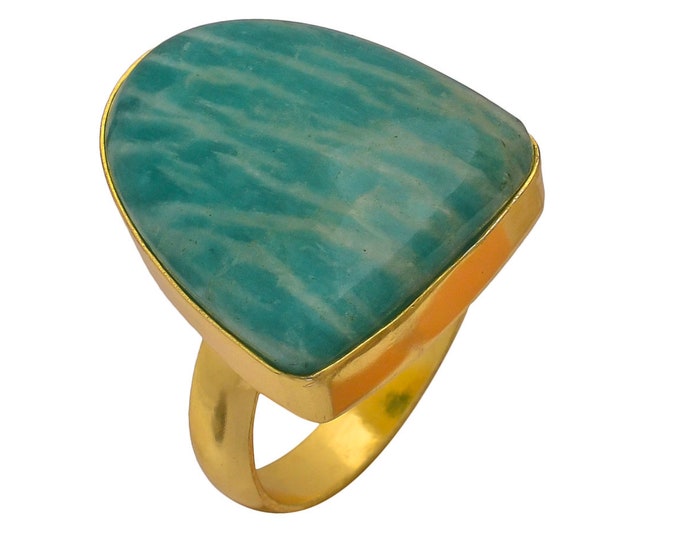 Size 8.5 - Size 10 Amazonite Ring Meditation Ring 24K Gold Ring GPR348