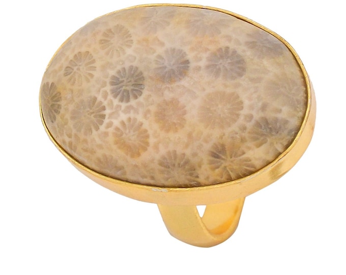 Size 8.5 - Size 10 Fossilized Bali Coral Ring Meditation Ring 24K Gold Ring GPR1347