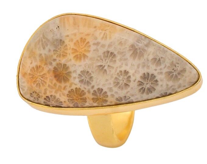 Size 7.5 - Size 9 Fossilized Bali Coral Ring Meditation Ring 24K Gold Ring GPR1344