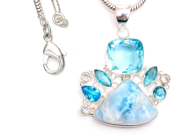 Larimar Blue Topaz Clear Topaz 925 Sterling Silver Pendant & 3MM Italian 925 Sterling Silver Chain P9467