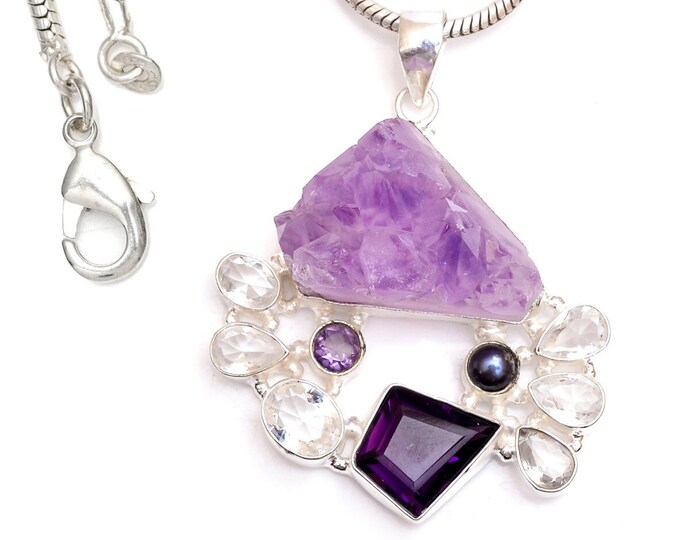 Rough Brazilian Amethyst Clear Topaz Osaka Pearl 925 Sterling Silver Pendant & 3MM Italian 925 Sterling Silver Chain P9502