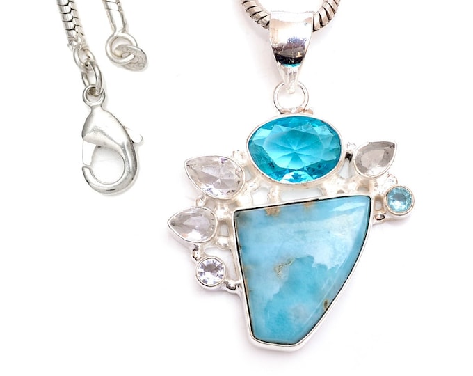 Clean and Clear! Larimar Blue Topaz Clear Topaz 925 Sterling Silver Pendant & 3MM Italian 925 Sterling Silver Chain P9468