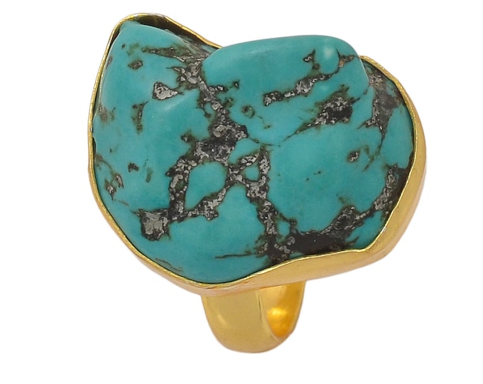 Size 8.5 - Size 10 Tibetan Turquoise Nugget Ring Meditation Ring 24K Gold Ring GPR1378