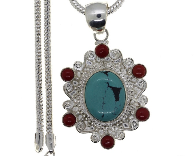 Turquoise Coral Sterling Silver Pendant & FREE 3MM Italian 925 Sterling Silver Chain P4471