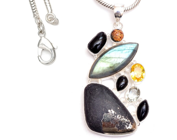 Fire Opal Marcasite Green Amethyst Black Tourmaline Citrine Labradorite 925 Sterling Silver Pendant & 3MM Italian Chain P9498