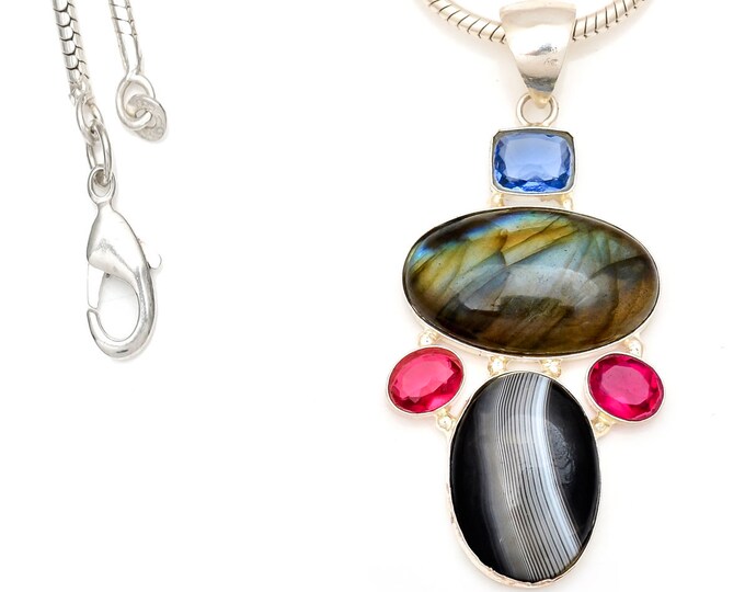 Labradorite Banded Agate  Pendant & FREE 3MM Italian Snake Chain P7033