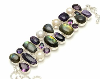 Labradorite Mystic Topaz Amethyst Pearl 925 Sterling Silver Bracelet B3249