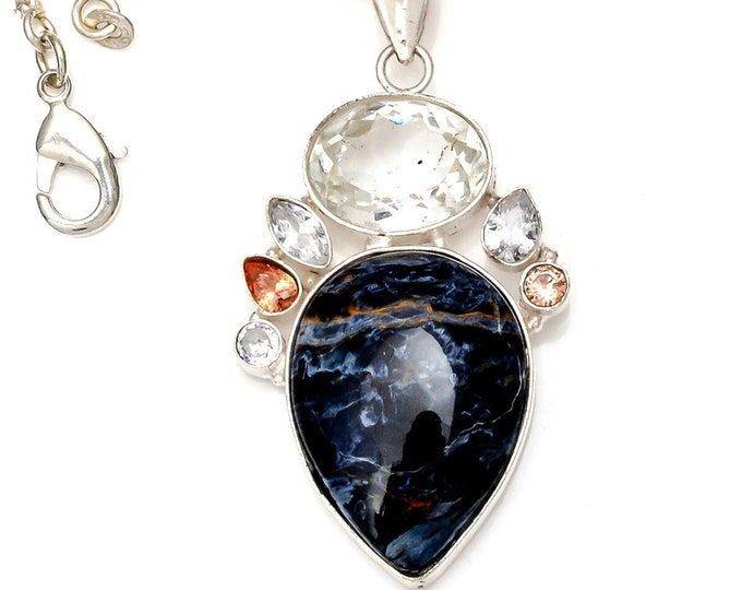 WOW Factor! Holographic Pietersite Clear Topaz 925 Sterling Silver Pendant & 3MM Italian Chain P6861