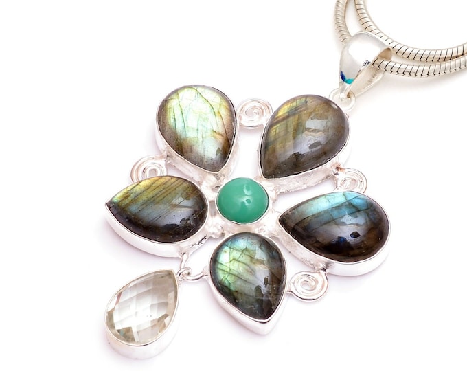 Sister Stone! Sage Labradorite Green Amethyst Turquoise 925 Sterling Silver Pendant & 3MM Chain P9463