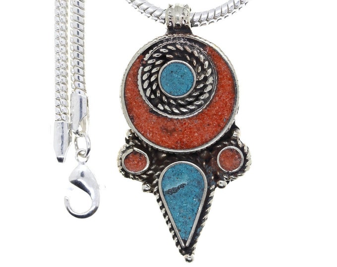 Turquoise Coral Tibetan Silver Pendant & FREE 3MM Italian 925 Sterling Silver Chain N46