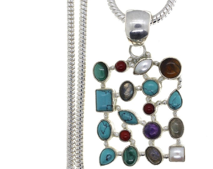 Turquoise Amethyst Moonstone Goldstone Malachite 925 Sterling Silver Pendant & 3MM Italian 925 Sterling Sterling Silver Chain