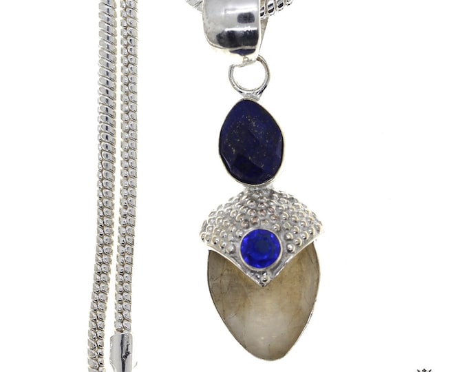 Hand Crafted Moonstone Lapis lazuli Iolite 925 Sterling Silver Pendant & 3MM Italian 925 Sterling Sterling Silver Chain P4694