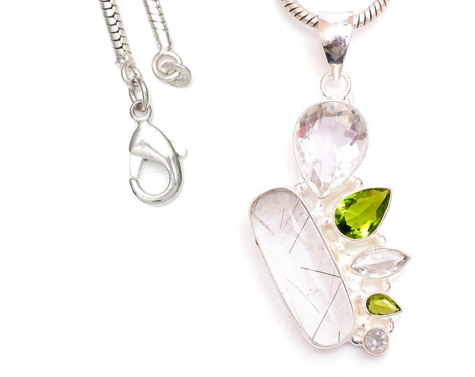 Full of Energy! Tourmalinated quartz Peridot Clear Topaz 925 Sterling Silver Pendant & 3MM Italian 925 Sterling Silver Chain P9431