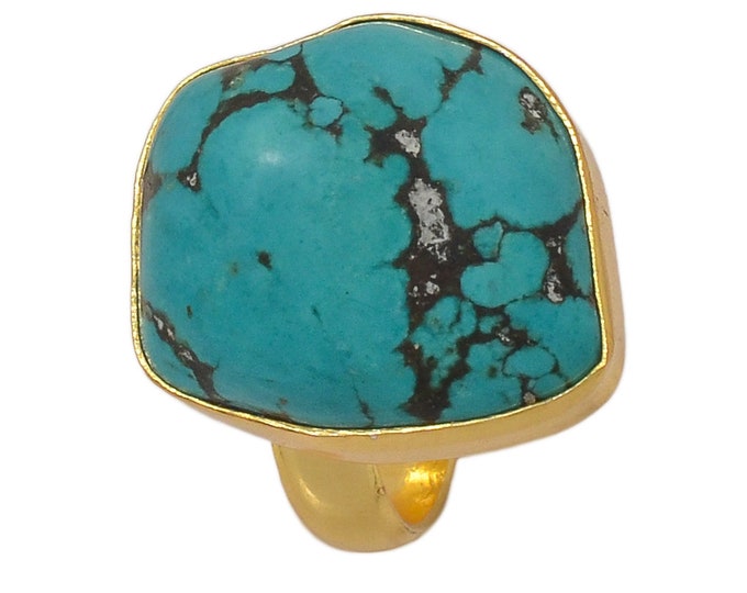 Size 8.5 - Size 10 Tibetan Turquoise Nugget Ring Meditation Ring 24K Gold Ring GPR1381