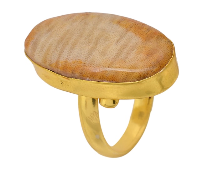 Size 6.5 - Size 8 Fossilized Coral Ring Meditation Ring 24K Gold Ring GPR1620