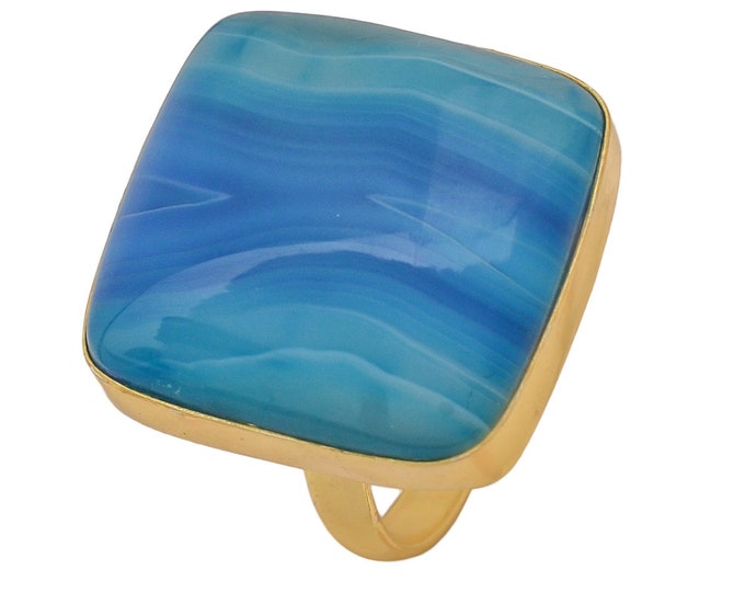 Size 10.5 - Size 12 Blue Banded Agate Ring Meditation Ring 24K Gold Ring GPR1182