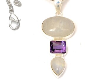 Moonstone Amethyst 925 Sterling Silver Pendant & 2MM Italian 925 Sterling Silver Chain P7323