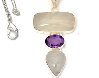 Moonstone Amethyst 925 Sterling Silver Pendant & 2MM Italian 925 Sterling Silver Chain P7348