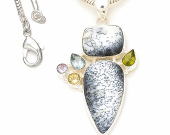Dendritic Agate Merlinite 925 Sterling Silver Pendant & 2MM Italian 925 Sterling Silver Chain P7689