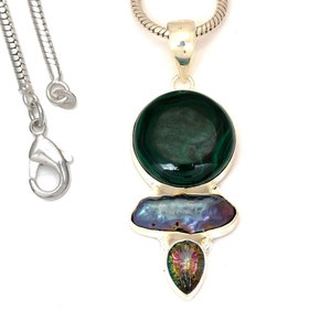 Pingente de prata esterlina 925 com peridoto de abalone malaquita e corrente de prata esterlina 925 italiana de 2 mm P7337