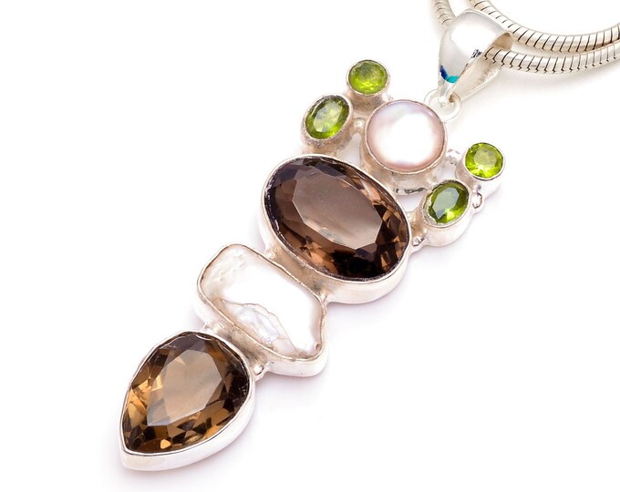 Rustic Style! Smoky Topaz Pearl Peridot 925 Sterling Silver Pendant & 3MM Italian 925 Sterling Silver Chain P9456