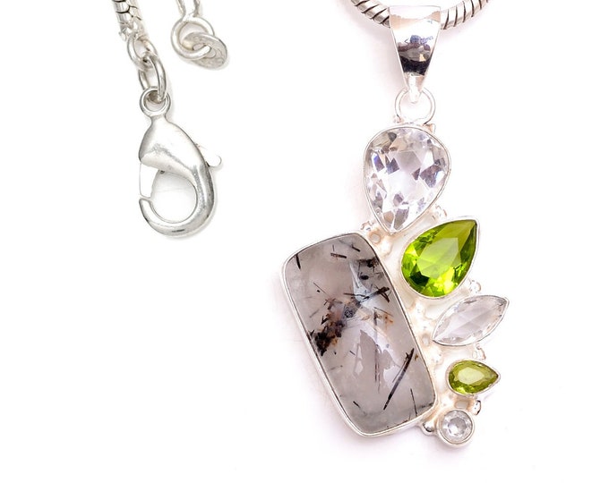 Protection from negative thought! Tourmalinated quartz peridot Pearl Sterling Silver Pendant & 3MM Italian 925 Sterling Silver Chain P9454