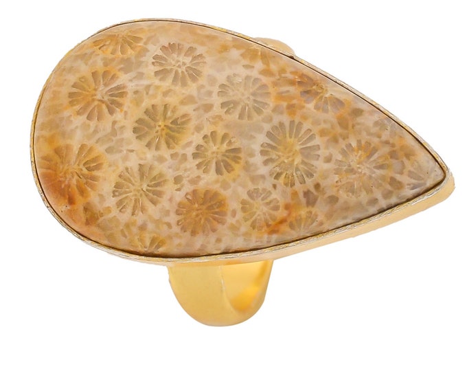 Size 9.5 - Size 11 Fossilized Bali Coral Ring Meditation Ring 24K Gold Ring GPR1341