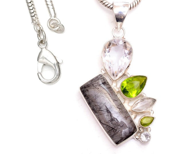 Clear your mind! Tourmalinated quartz Peridot Clear Topaz 925 Sterling Silver Pendant & 3MM Italian 925 Sterling Silver Chain P9470