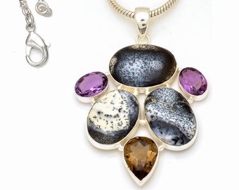 Dendritic Agate Merlinite 925 Sterling Silver Pendant & 2MM Italian 925 Sterling Silver Chain P7694