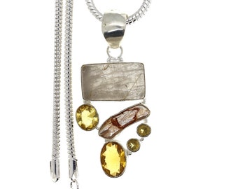 RUTILE RUTILATED Quartz Pearl Citrine Pendant & 3MM Italian 925 Sterling Sterling Silver Chain P4746