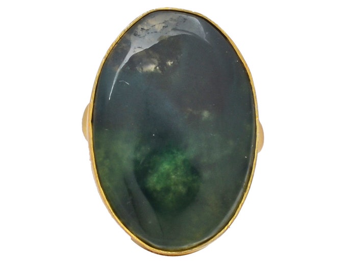 Size 6.5 - Size 8 Moss Agate Ring Meditation Ring 24K Gold Ring GPR235