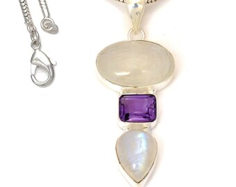 Moonstone Amethyst 925 Sterling Silver Pendant & 2MM Italian 925 Sterling Silver Chain P7338