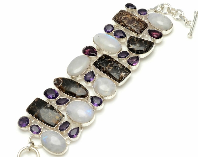 Fossilized TURRITELLA AGATE MOONSTONE Amethyst 925 Sterling Silver Bracelet B3067