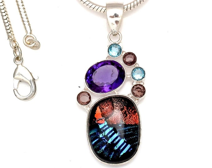 Amethyst Dichroic Glass Blue Topaz 925 Sterling Silver Pendant & 3MM Italian 925 Sterling Silver Chain P6926