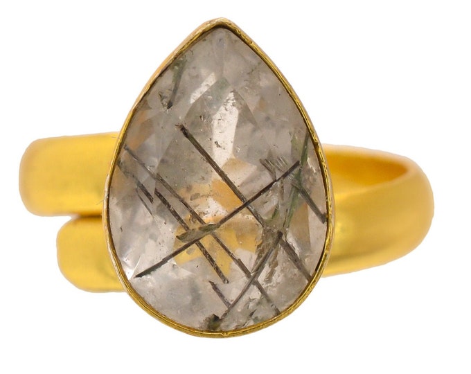 Size 8.5 - Size 10 Tourmalated Quartz Ring Meditation Ring 24K Gold Ring GPR1692