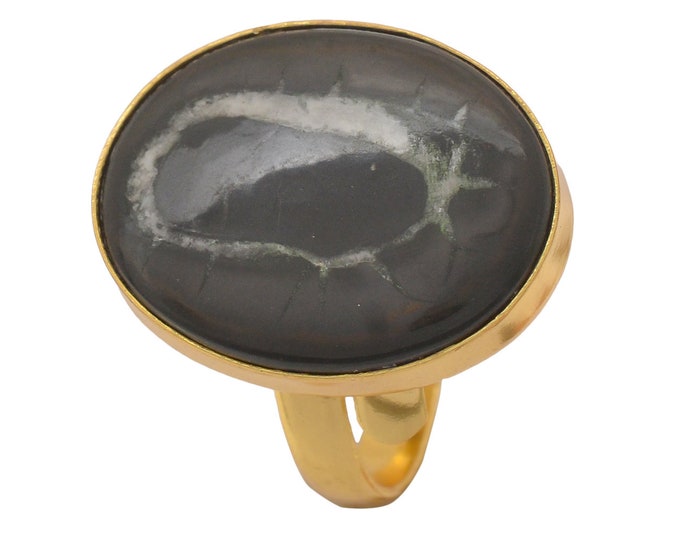 Size 9.5 - Size 11 Adjustable Septarian Nodule Energy Healing Ring • Meditation Crystal Ring • 24K Gold  Ring GPR1226